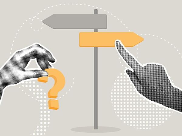 hands selecting question mark and signs pointing in different directions